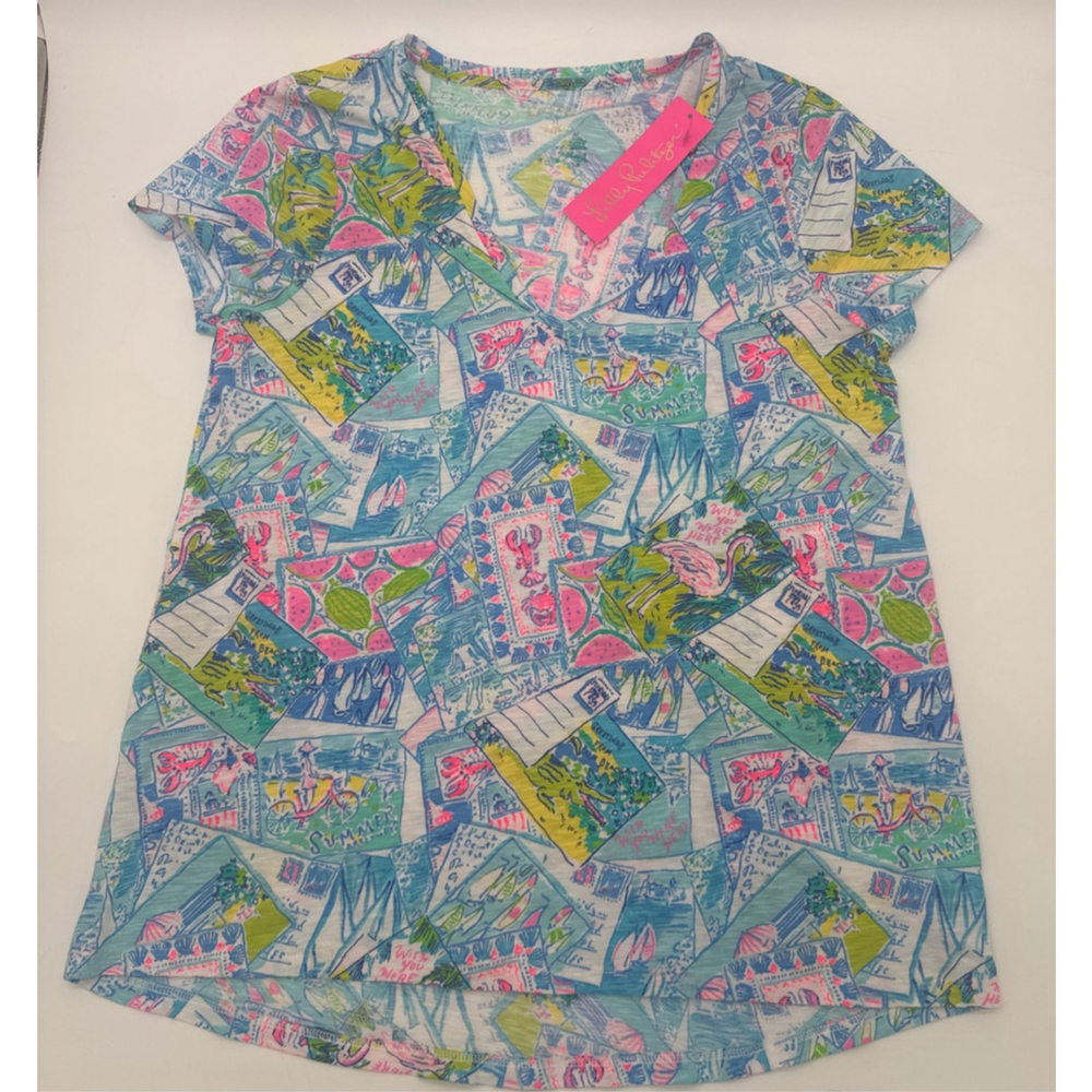 LILLY PULITZER Postcard Print Blue Pink Etta V-Neck Short Sleeve Tee M